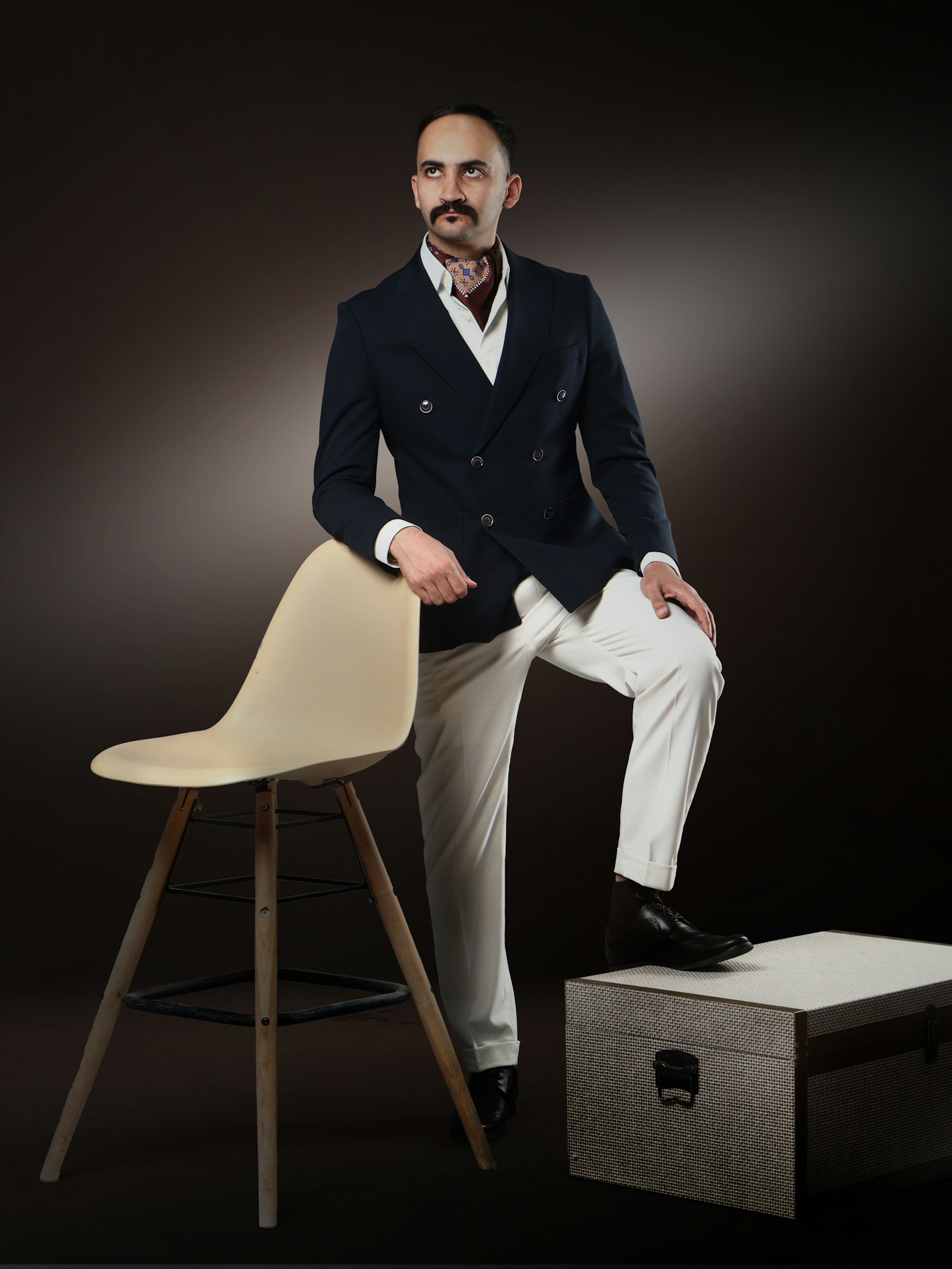 Double-Breasted Blazer — worn with pale trousers