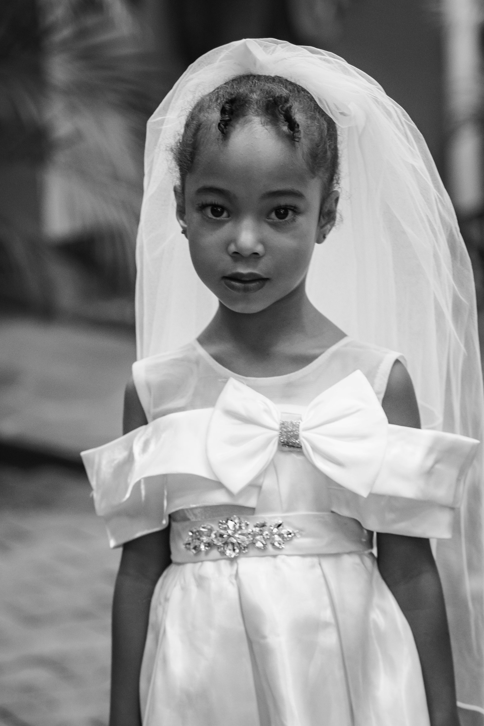 Flower girl in an ivory bow dress and veil